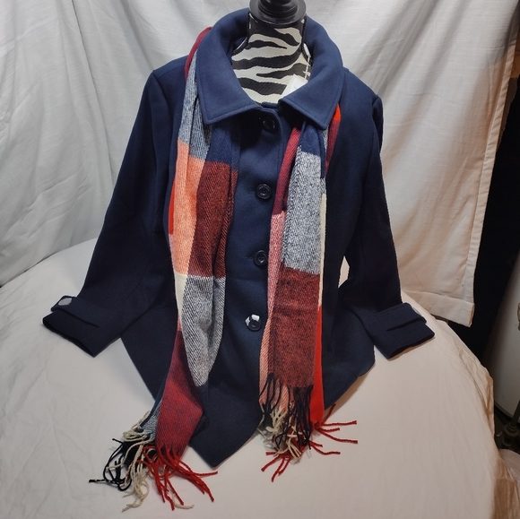 Haute Edition Jackets & Blazers - Haute Edition Navy Blue Wool Blend Peacoat With Oversized Scarf